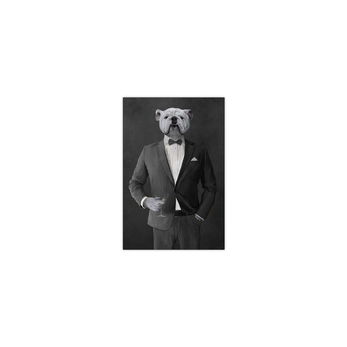 White Bulldog Drinking Martini Wall Art - Gray Suit