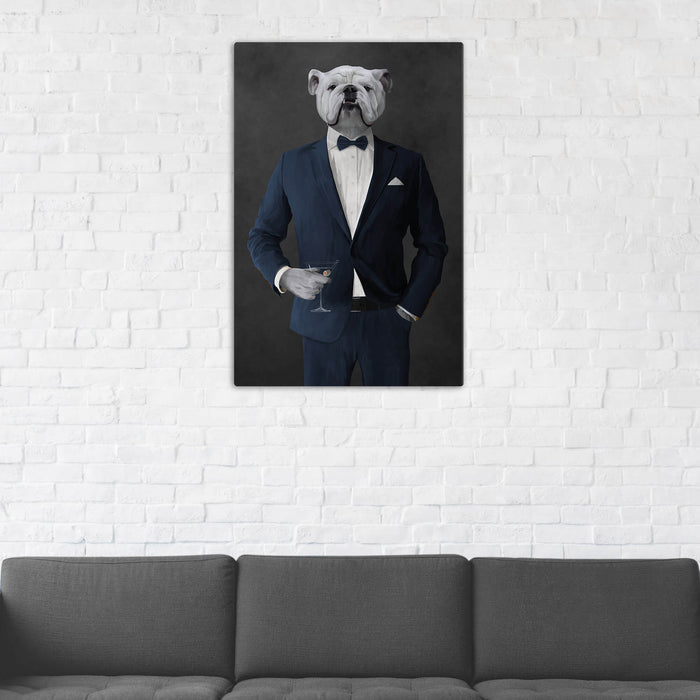 White Bulldog Drinking Martini Wall Art - Navy Suit