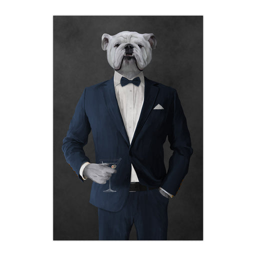 White Bulldog Drinking Martini Wall Art - Navy Suit