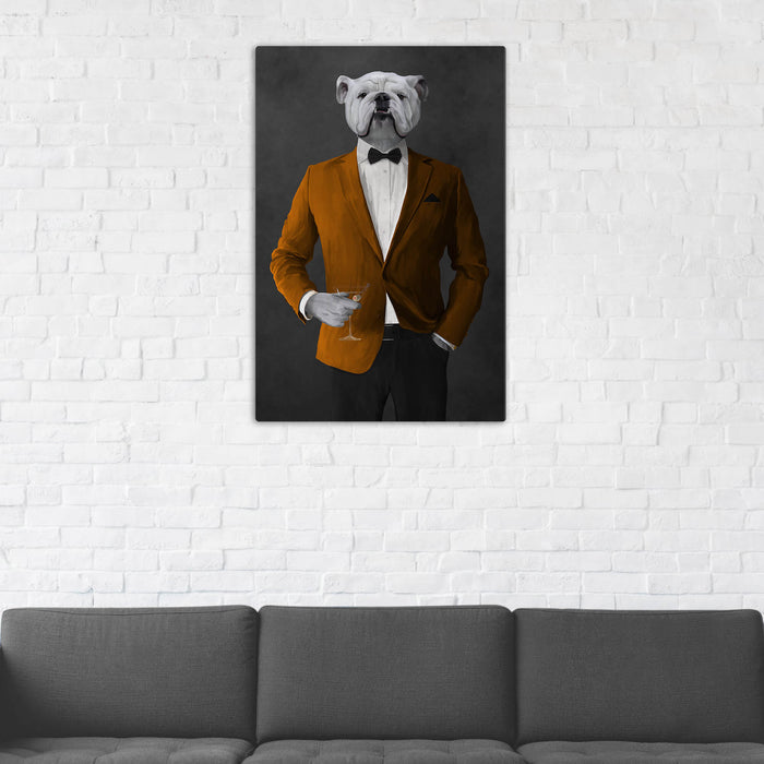 White Bulldog Drinking Martini Wall Art - Orange and Black Suit