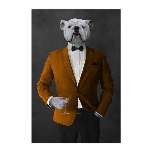 White Bulldog Drinking Martini Wall Art - Orange and Black Suit