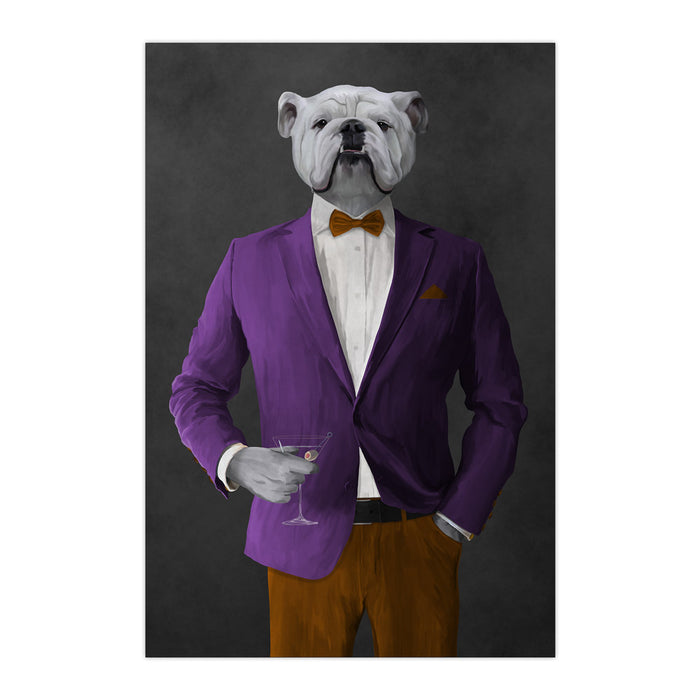 White Bulldog Drinking Martini Wall Art - Purple and Orange Suit