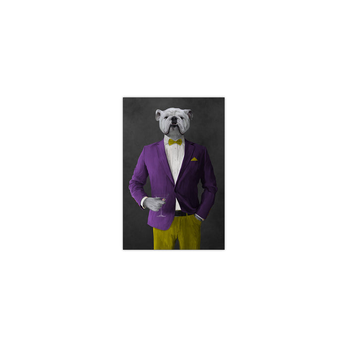 White Bulldog Drinking Martini Wall Art - Purple and Yellow Suit