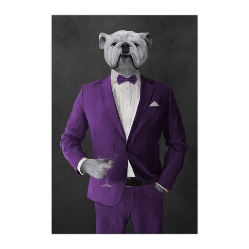 White Bulldog Drinking Martini Wall Art - Purple Suit