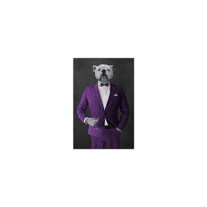 White Bulldog Drinking Martini Wall Art - Purple Suit