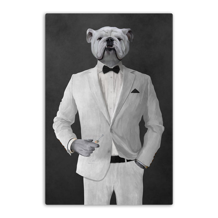 White Bulldog Drinking Martini Wall Art - White Suit