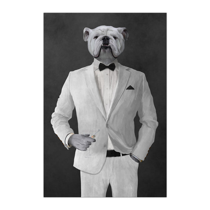 White Bulldog Drinking Martini Wall Art - White Suit