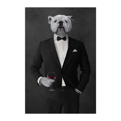 White Bulldog Drinking Red Wine Wall Art - Black Suit