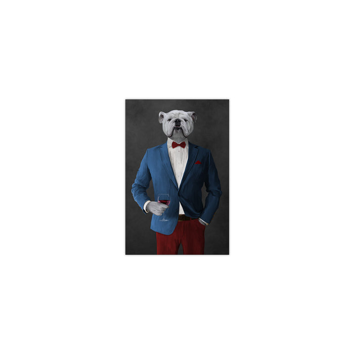 White Bulldog Drinking Red Wine Wall Art - Blue and Red Suit