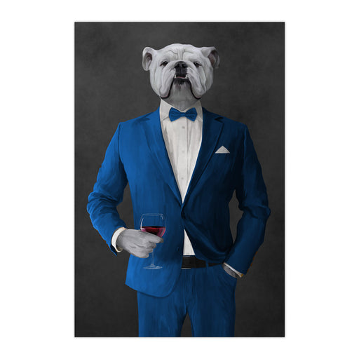 White Bulldog Drinking Red Wine Wall Art - Blue Suit