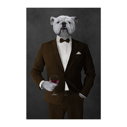 White Bulldog Drinking Red Wine Wall Art - Brown Suit