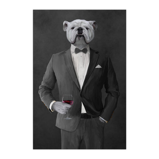 White Bulldog Drinking Red Wine Wall Art - Gray Suit
