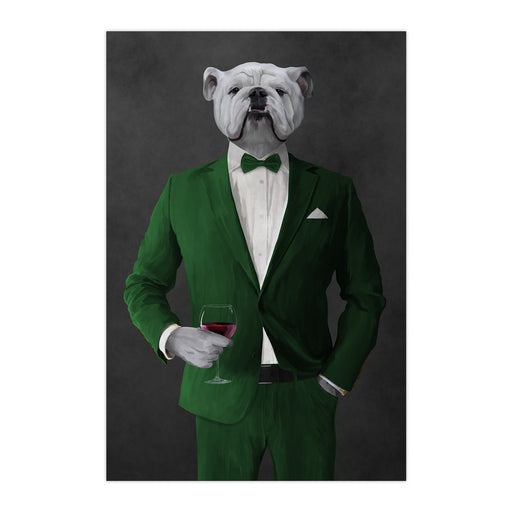 White Bulldog Drinking Red Wine Wall Art - Green Suit