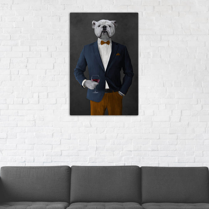 White Bulldog Drinking Red Wine Wall Art - Navy and Orange Suit