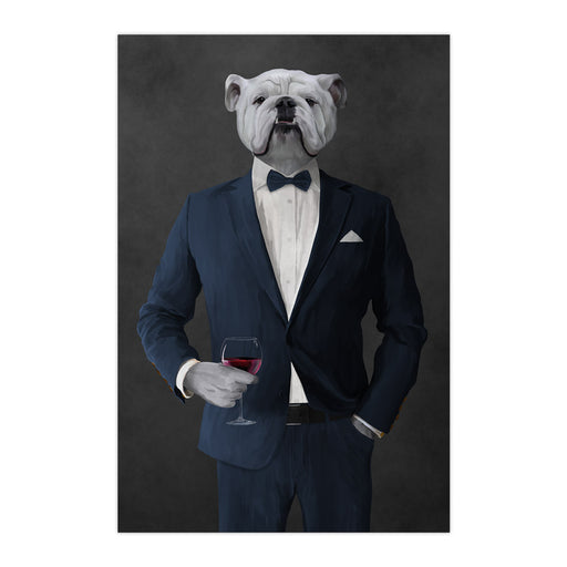 White Bulldog Drinking Red Wine Wall Art - Navy Suit