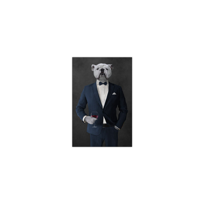 White Bulldog Drinking Red Wine Wall Art - Navy Suit