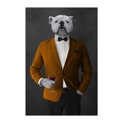 White Bulldog Drinking Red Wine Wall Art - Orange and Black Suit