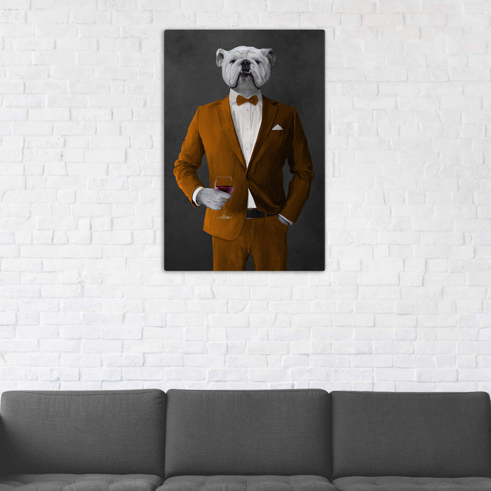 White Bulldog Drinking Red Wine Wall Art - Orange Suit