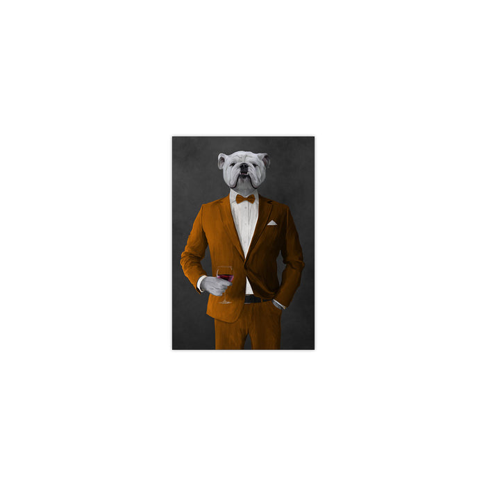 White Bulldog Drinking Red Wine Wall Art - Orange Suit