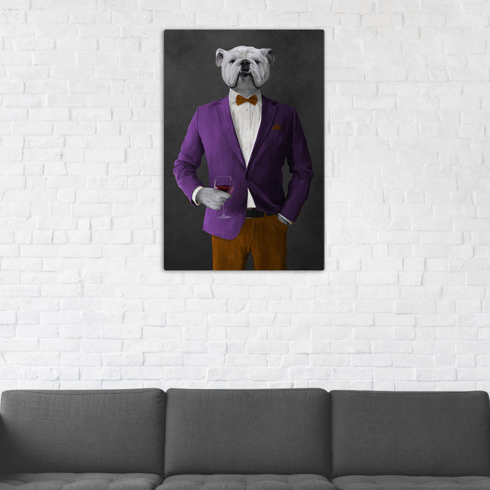 White Bulldog Drinking Red Wine Wall Art - Purple and Orange Suit