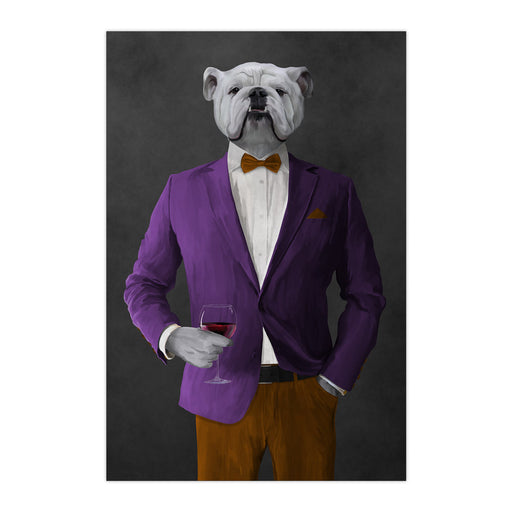 White Bulldog Drinking Red Wine Wall Art - Purple and Orange Suit