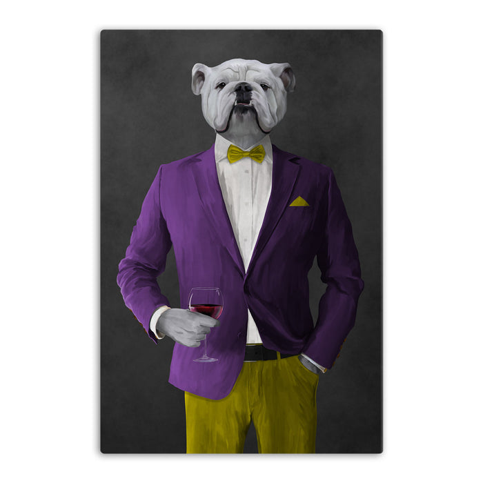 White Bulldog Drinking Red Wine Wall Art - Purple and Yellow Suit