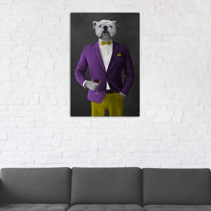 White Bulldog Drinking Red Wine Wall Art - Purple and Yellow Suit