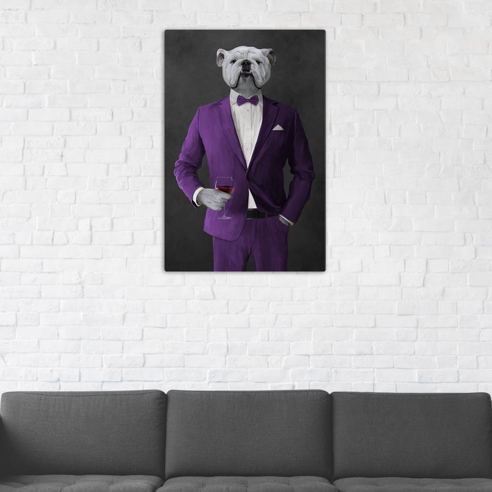 White Bulldog Drinking Red Wine Wall Art - Purple Suit