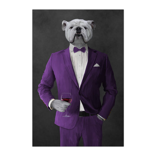 White Bulldog Drinking Red Wine Wall Art - Purple Suit