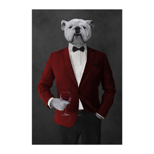 White Bulldog Drinking Red Wine Wall Art - Red and Black Suit