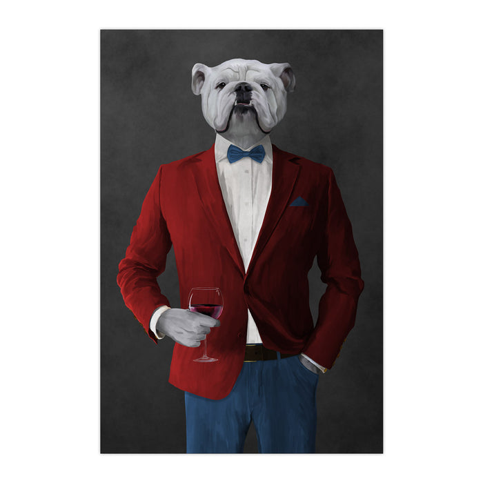 White Bulldog Drinking Red Wine Wall Art - Red and Blue Suit