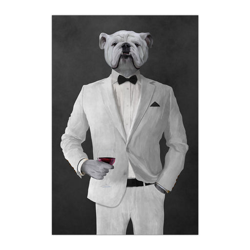 White Bulldog Drinking Red Wine Wall Art - White Suit