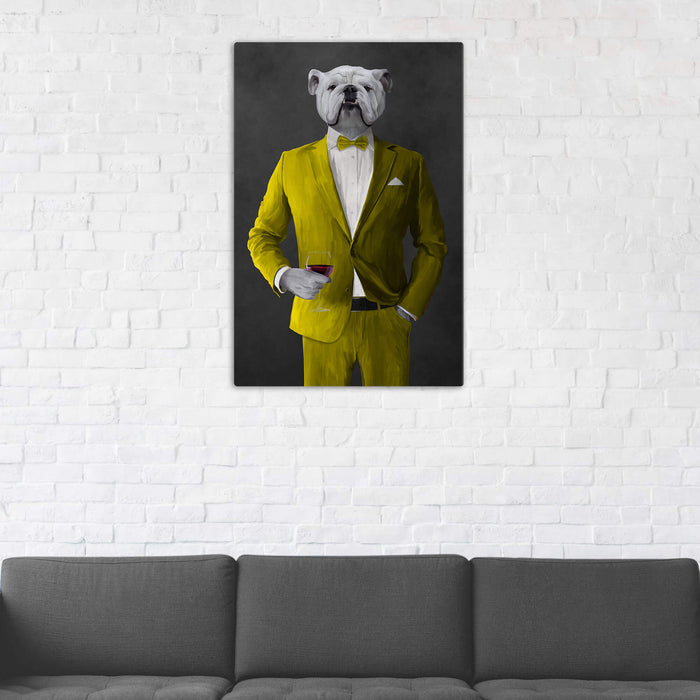 White Bulldog Drinking Red Wine Wall Art - Yellow Suit