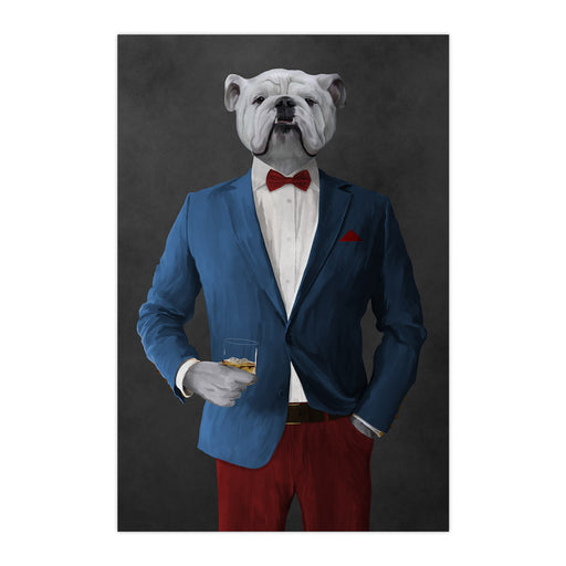 White Bulldog Drinking Whiskey Wall Art - Blue and Red Suit