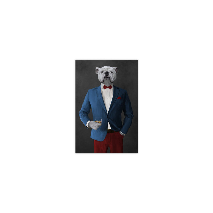 White Bulldog Drinking Whiskey Wall Art - Blue and Red Suit