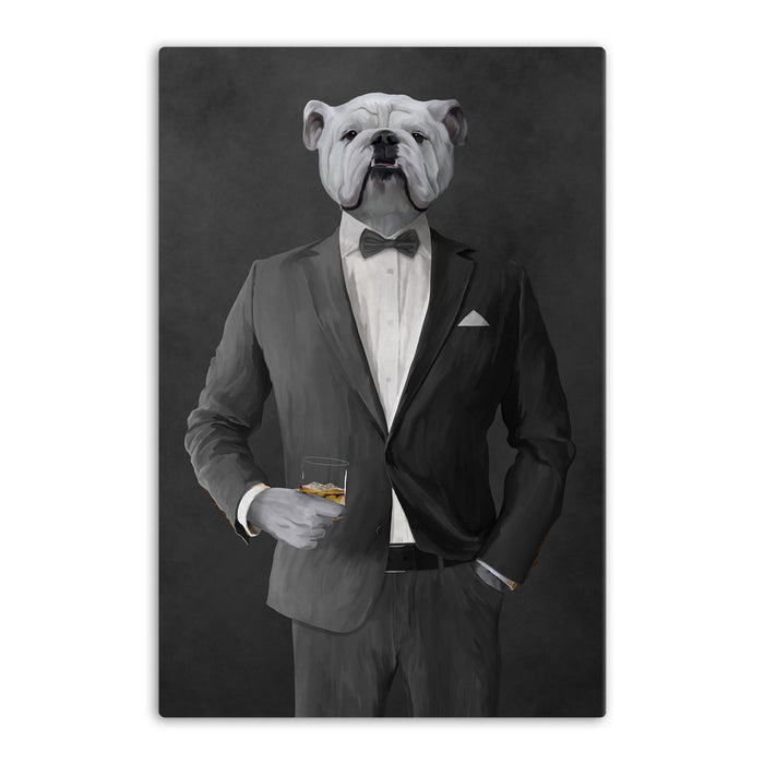 White Bulldog Drinking Whiskey Wall Art - Gray Suit