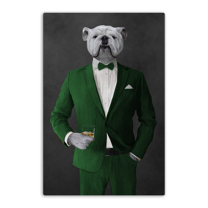 White Bulldog Drinking Whiskey Wall Art - Green Suit