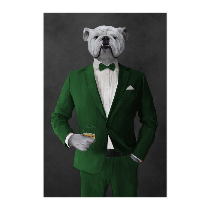 White Bulldog Drinking Whiskey Wall Art - Green Suit
