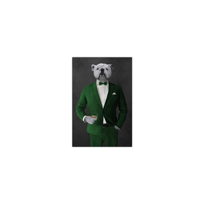 White Bulldog Drinking Whiskey Wall Art - Green Suit