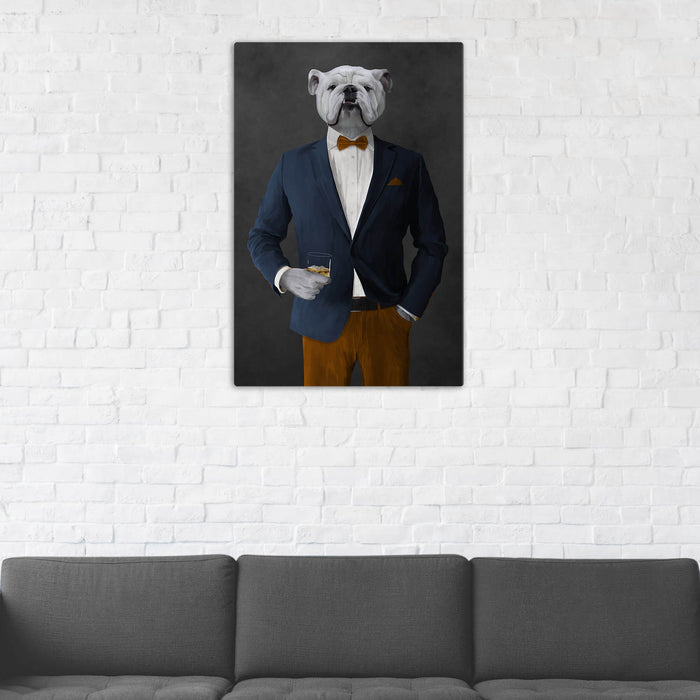White Bulldog Drinking Whiskey Wall Art - Navy and Orange Suit