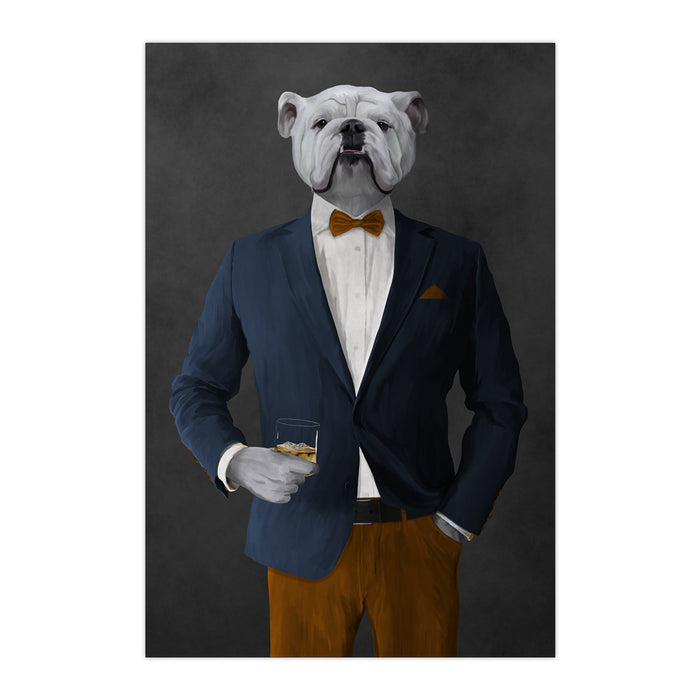 White Bulldog Drinking Whiskey Wall Art - Navy and Orange Suit