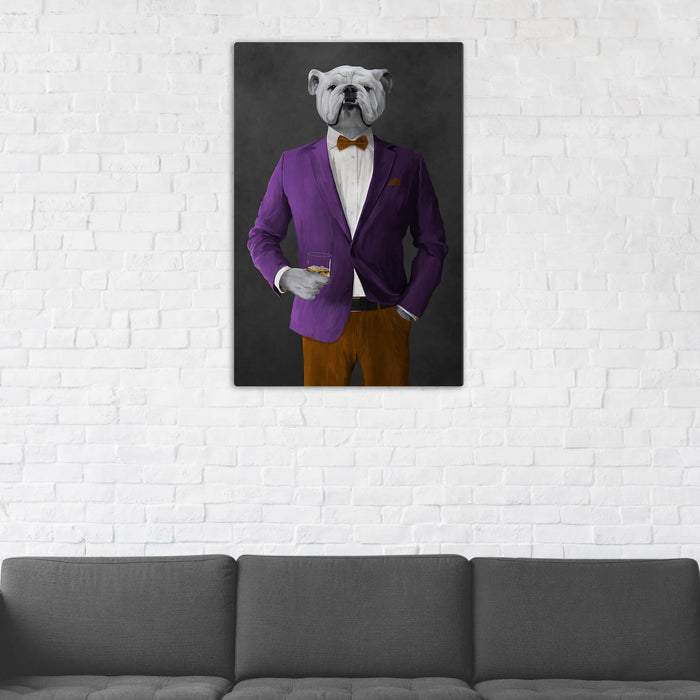 White Bulldog Drinking Whiskey Wall Art - Purple and Orange Suit
