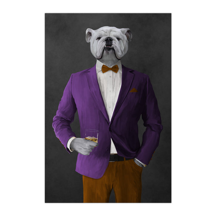 White Bulldog Drinking Whiskey Wall Art - Purple and Orange Suit