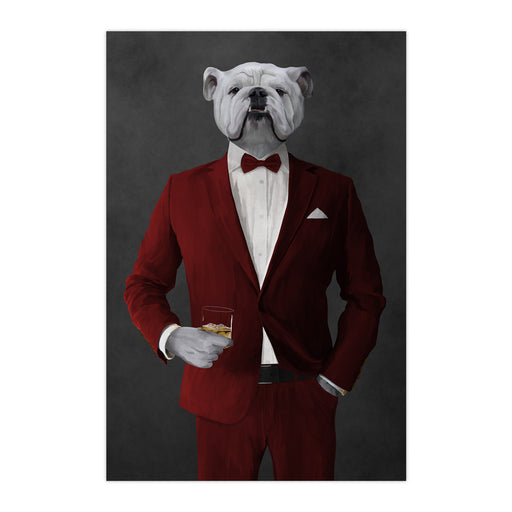 White Bulldog Drinking Whiskey Wall Art - Red Suit