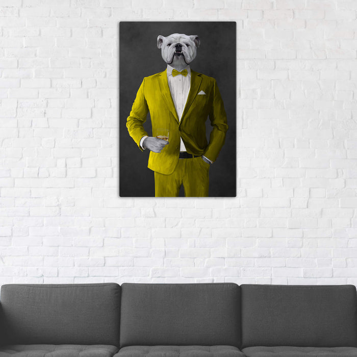 White Bulldog Drinking Whiskey Wall Art - Yellow Suit