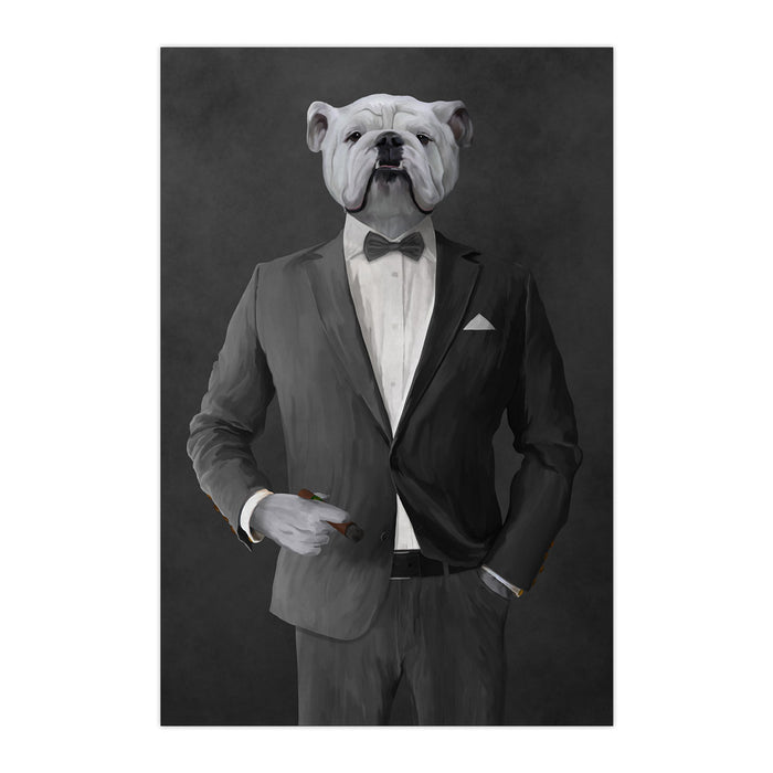 White Bulldog Smoking Cigar Wall Art - Gray Suit