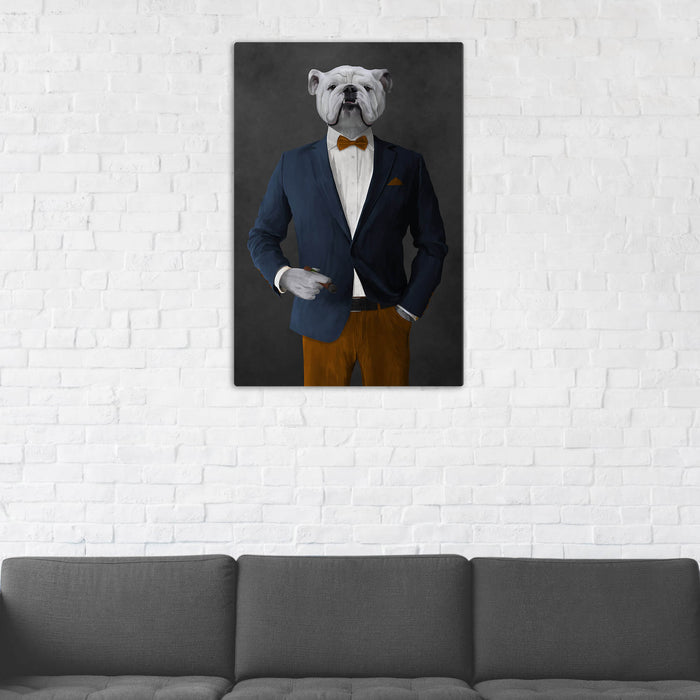 White Bulldog Smoking Cigar Wall Art - Navy and Orange Suit