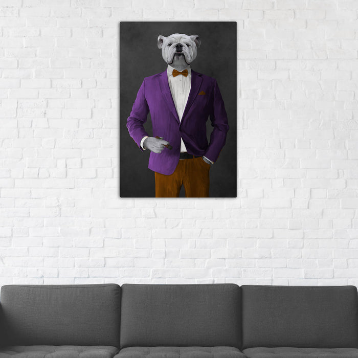 White Bulldog Smoking Cigar Wall Art - Purple and Orange Suit