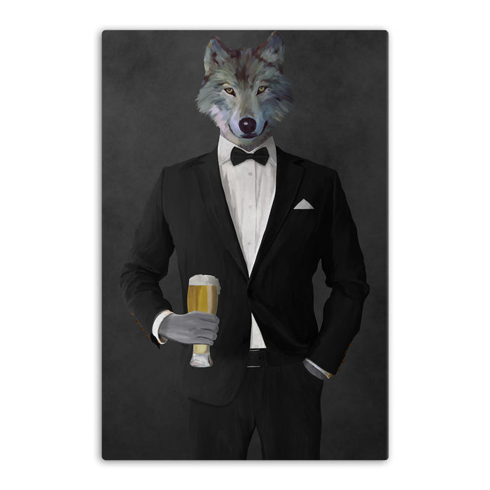Wolf drinking beer wearing black suit canvas wall art
