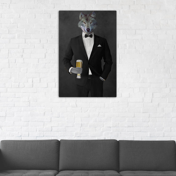 Wolf Drinking Beer Wall Art - Black Suit